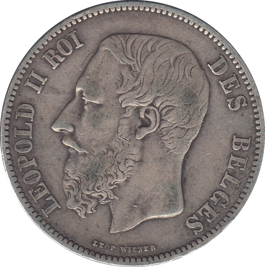 1868 SILVER FIVE FRANCS BELGIUM - SILVER WORLD COINS - Cambridgeshire Coins