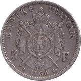 1869 SILVER 5 FRANCS FRANCE - SILVER WORLD COINS - Cambridgeshire Coins