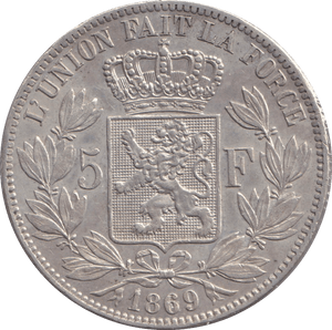 1869 SILVER 5F BELGIUM - SILVER WORLD COINS - Cambridgeshire Coins