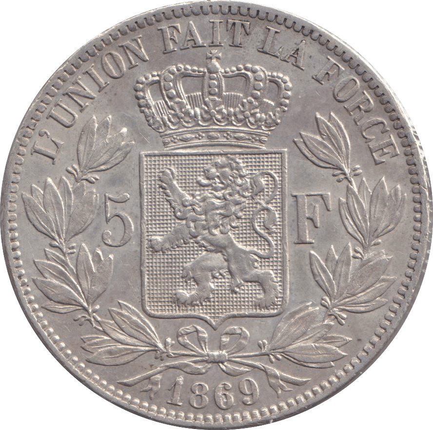 1869 SILVER 5F BELGIUM - SILVER WORLD COINS - Cambridgeshire Coins