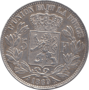 1869 SILVER BELGIUM FIVE FRANCS - SILVER WORLD COINS - Cambridgeshire Coins