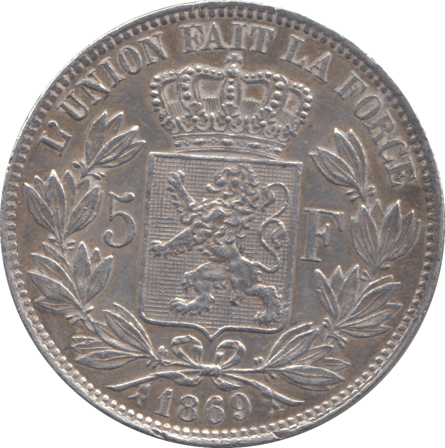 1869 SILVER BELGIUM FIVE FRANCS - SILVER WORLD COINS - Cambridgeshire Coins