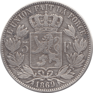 1869 SILVER FIVE FRANCS BELGIUM - SILVER WORLD COINS - Cambridgeshire Coins