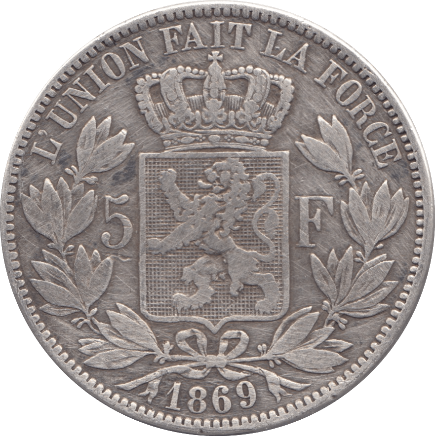 1869 SILVER FIVE FRANCS BELGIUM - SILVER WORLD COINS - Cambridgeshire Coins