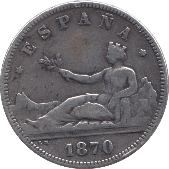 1870 SILVER 2 PESETAS SPAIN - SILVER WORLD COINS - Cambridgeshire Coins