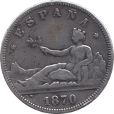 1870 SILVER 2 PESETAS SPAIN - SILVER WORLD COINS - Cambridgeshire Coins
