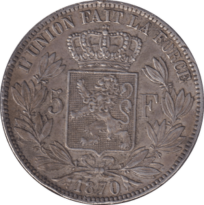 1870 SILVER 5 FRANC BELGIUM - SILVER WORLD COINS - Cambridgeshire Coins