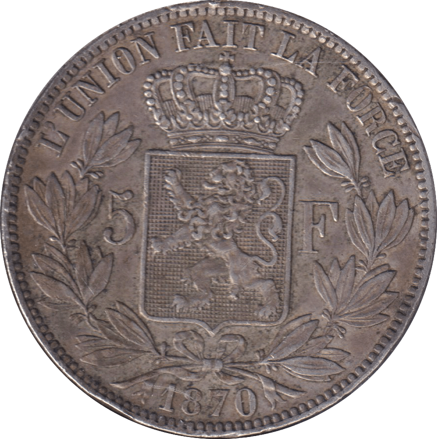 1870 SILVER 5 FRANC BELGIUM - SILVER WORLD COINS - Cambridgeshire Coins