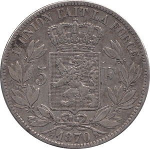1870 SILVER FIVE FRANCS BELGIUM - SILVER WORLD COINS - Cambridgeshire Coins