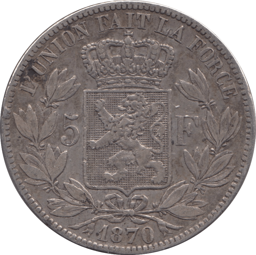 1870 SILVER FIVE FRANCS BELGIUM - SILVER WORLD COINS - Cambridgeshire Coins