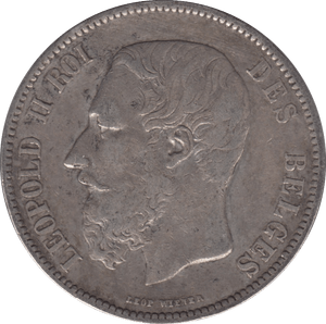 1870 SILVER FIVE FRANCS BELGIUM - SILVER WORLD COINS - Cambridgeshire Coins