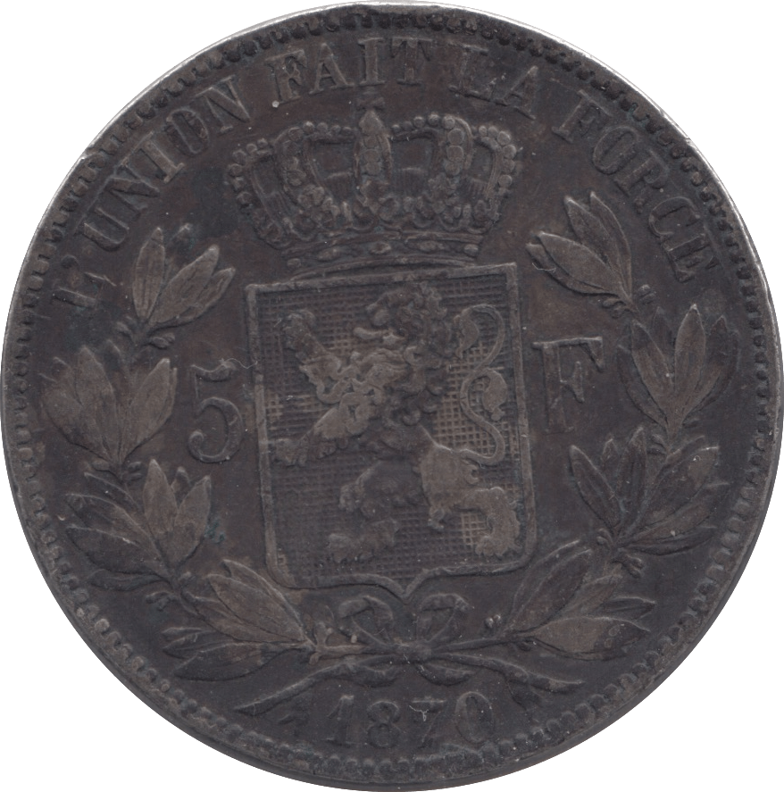 1870 SILVER FIVE FRANCS BELGIUM - SILVER WORLD COINS - Cambridgeshire Coins