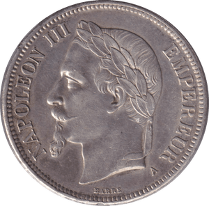 1870 SILVER FIVE FRANCS FRANCE - SILVER WORLD COINS - Cambridgeshire Coins