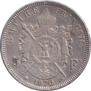 1870 SILVER FIVE FRANCS FRANCE - SILVER WORLD COINS - Cambridgeshire Coins