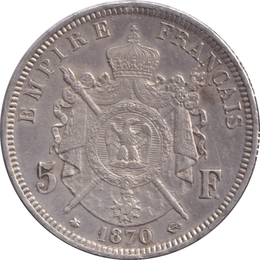 1870 SILVER FIVE FRANCS FRANCE - SILVER WORLD COINS - Cambridgeshire Coins
