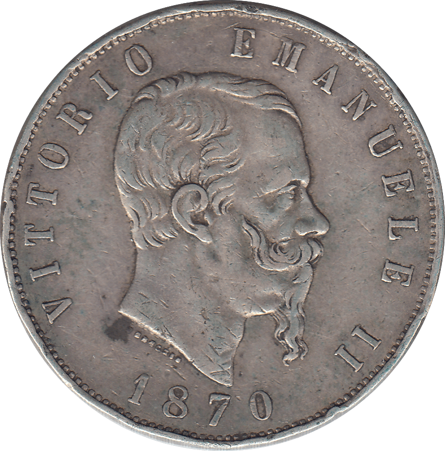 1870 SILVER FIVE LIRA ITALY - SILVER WORLD COINS - Cambridgeshire Coins