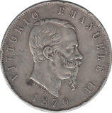 1870 SILVER FIVE LIRA ITALY - SILVER WORLD COINS - Cambridgeshire Coins