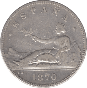 1870 SILVER FIVE PESETAS SPAIN - SILVER WORLD COINS - Cambridgeshire Coins