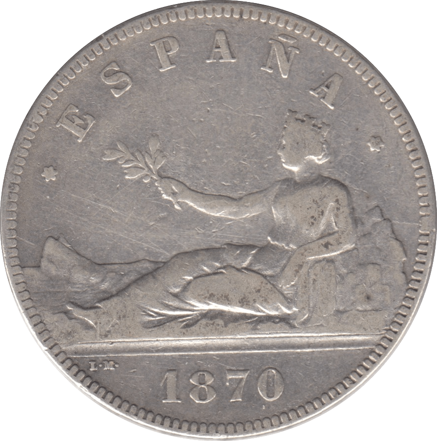 1870 SILVER FIVE PESETAS SPAIN - SILVER WORLD COINS - Cambridgeshire Coins