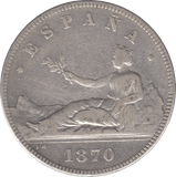 1870 SILVER FIVE PESETAS SPAIN - SILVER WORLD COINS - Cambridgeshire Coins