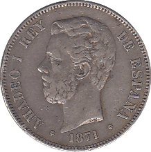 1871 SILVER 5 PESETAS SPAIN - SILVER WORLD COINS - Cambridgeshire Coins