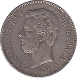 1871 SILVER 5 PESETAS SPAIN - SILVER WORLD COINS - Cambridgeshire Coins