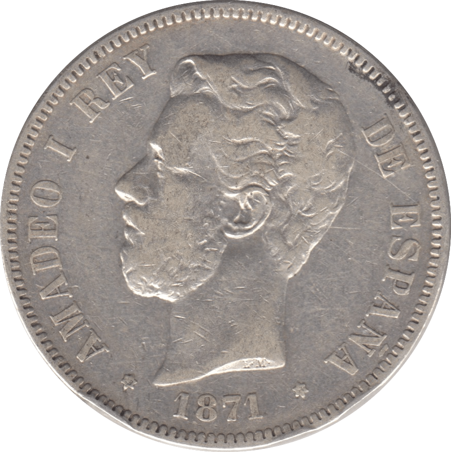 1871 SILVER FIVE PESETAS SPAIN - SILVER WORLD COINS - Cambridgeshire Coins