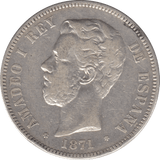 1871 SILVER FIVE PESETAS SPAIN - SILVER WORLD COINS - Cambridgeshire Coins