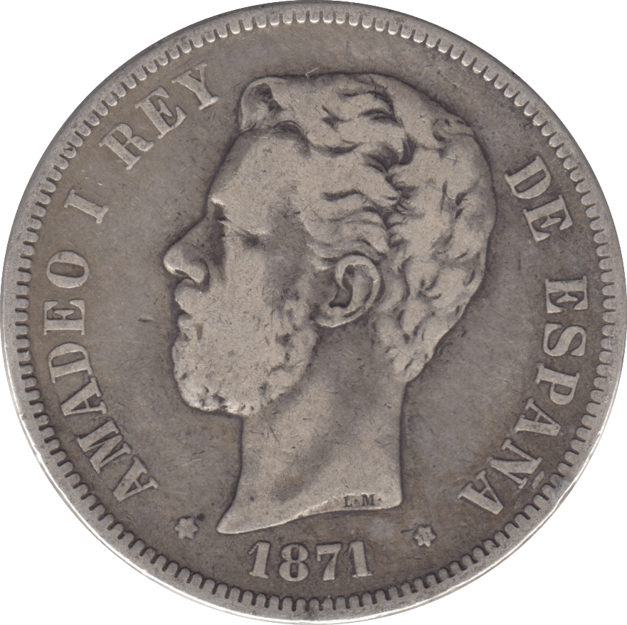 1871 SILVER FIVE PESETAS SPAIN - SILVER WORLD COINS - Cambridgeshire Coins
