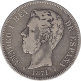 1871 SILVER FIVE PESETAS SPAIN - SILVER WORLD COINS - Cambridgeshire Coins