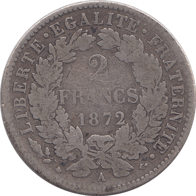 1872 SILVER TWO FRANCS FRANCE - SILVER WORLD COINS - Cambridgeshire Coins