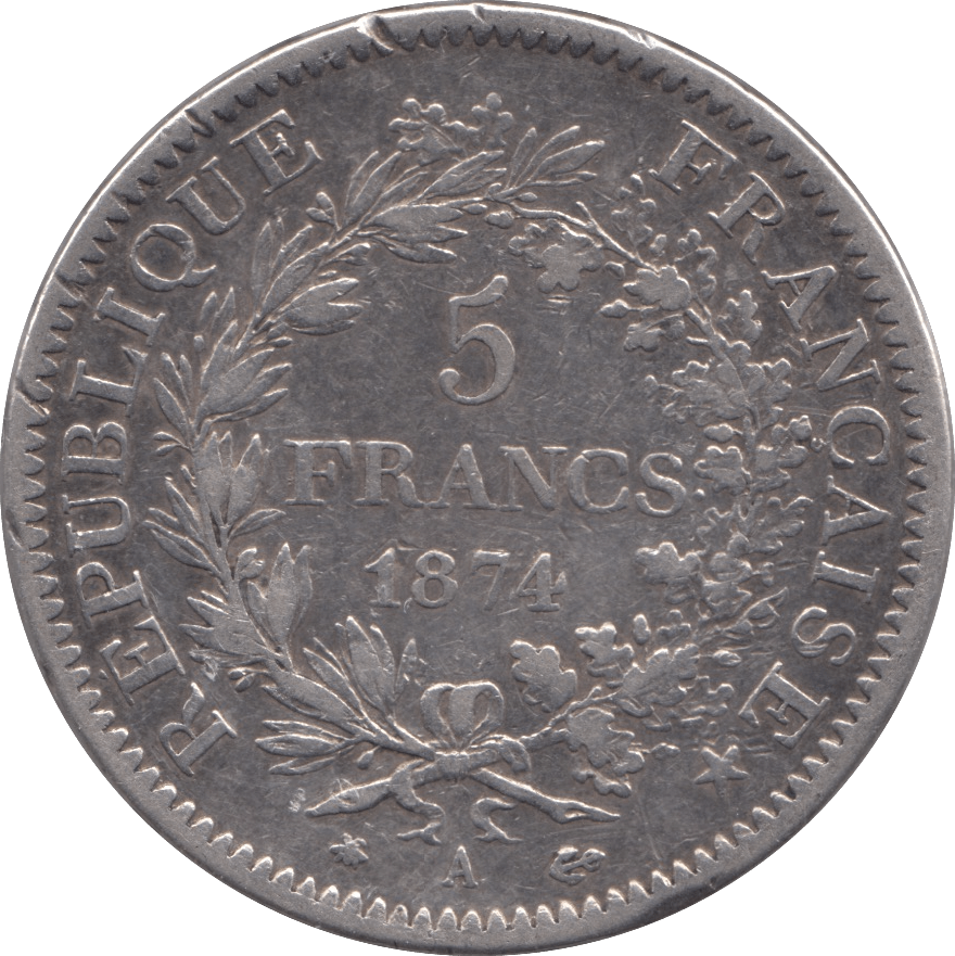 1874 FIVE FRANCS FRANCE - SILVER WORLD COINS - Cambridgeshire Coins
