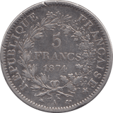 1874 FIVE FRANCS FRANCE - SILVER WORLD COINS - Cambridgeshire Coins