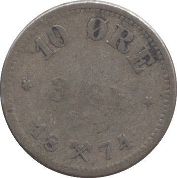 1874 SILVER 10 ORE NORWAY - SILVER WORLD COINS - Cambridgeshire Coins