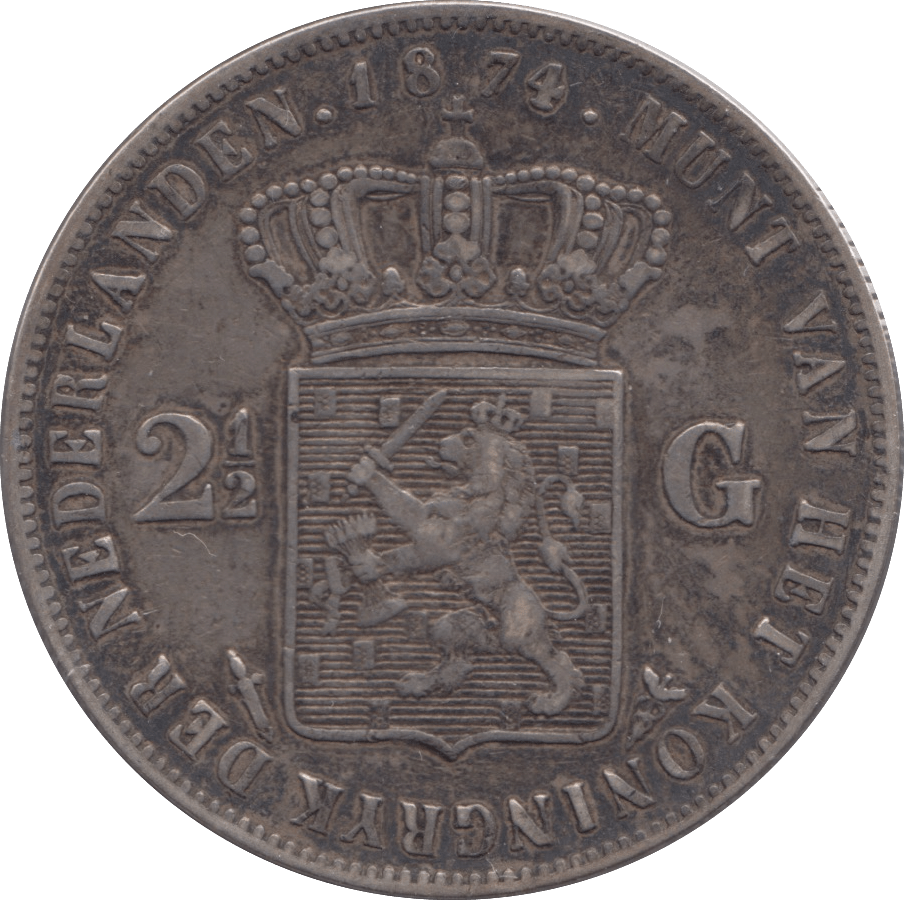 1874 SILVER 2 1/2 GUILDER NETHERLANDS - SILVER WORLD COINS - Cambridgeshire Coins