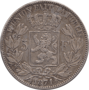 1874 SILVER FIVE FRANCS BELGIUM - SILVER WORLD COINS - Cambridgeshire Coins