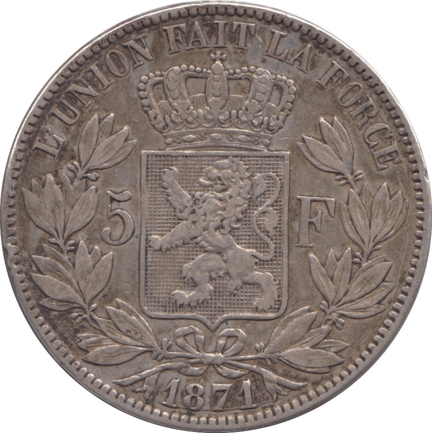 1874 SILVER FIVE FRANCS BELGIUM - SILVER WORLD COINS - Cambridgeshire Coins