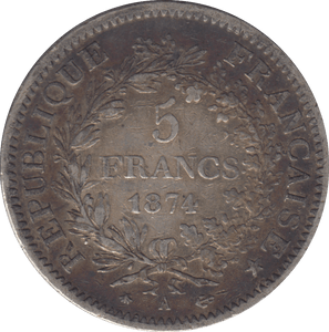 1874 SILVER FRANCE 5 FRANCS - SILVER WORLD COINS - Cambridgeshire Coins