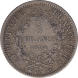 1874 SILVER FRANCE 5 FRANCS - SILVER WORLD COINS - Cambridgeshire Coins