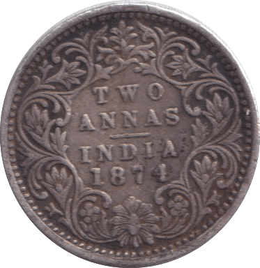 1874 SILVER TWO ANNAS INDIA - SILVER WORLD COINS - Cambridgeshire Coins