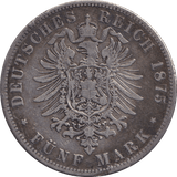 1875 FIVE MARK HAMBURG J - SILVER WORLD COINS - Cambridgeshire Coins