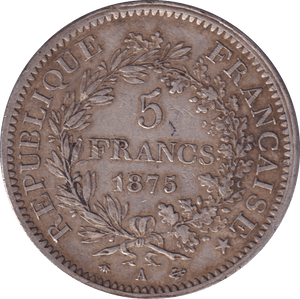 1875 SILVER 5 FRANC FRANCE - SILVER WORLD COINS - Cambridgeshire Coins