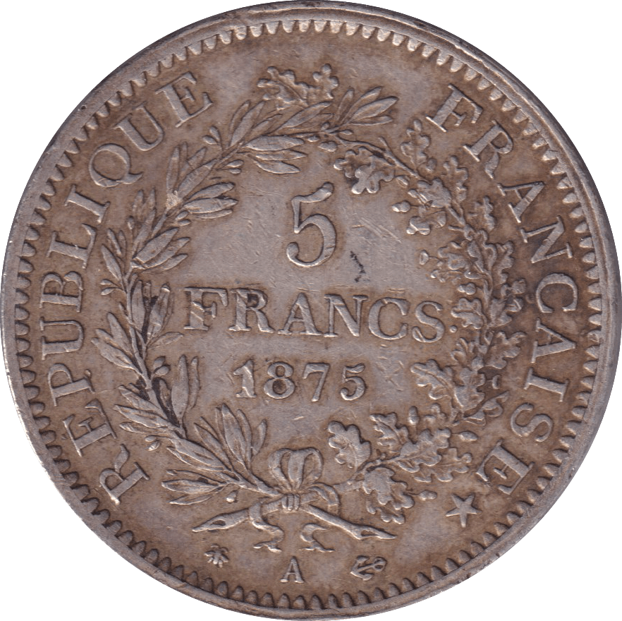 1875 SILVER 5 FRANC FRANCE - SILVER WORLD COINS - Cambridgeshire Coins
