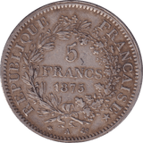 1875 SILVER 5 FRANC FRANCE - SILVER WORLD COINS - Cambridgeshire Coins