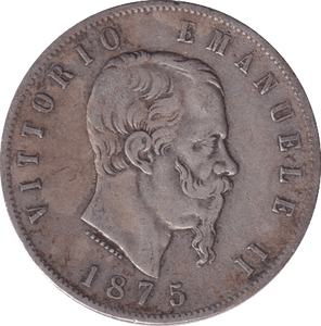 1875 SILVER 5 LIRA ITALY - SILVER WORLD COINS - Cambridgeshire Coins