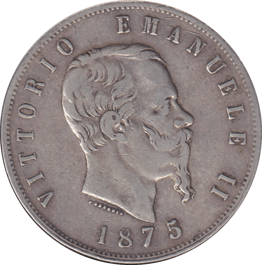 1875 SILVER 5 LIRA ITALY - SILVER WORLD COINS - Cambridgeshire Coins