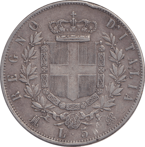 1875 SILVER 5 LIRA ITALY - SILVER WORLD COINS - Cambridgeshire Coins