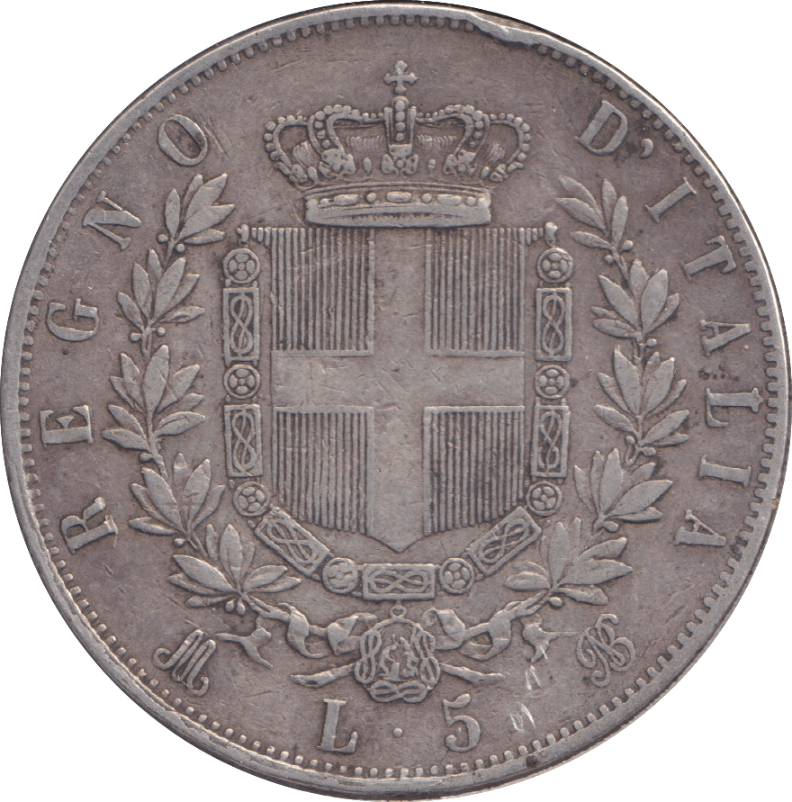 1875 SILVER 5 LIRA ITALY - SILVER WORLD COINS - Cambridgeshire Coins