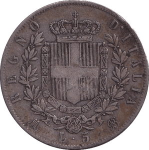 1875 SILVER 5 LIRA ITALY - SILVER WORLD COINS - Cambridgeshire Coins