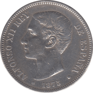 1875 SILVER FIVE PESETAS SPAIN - SILVER WORLD COINS - Cambridgeshire Coins